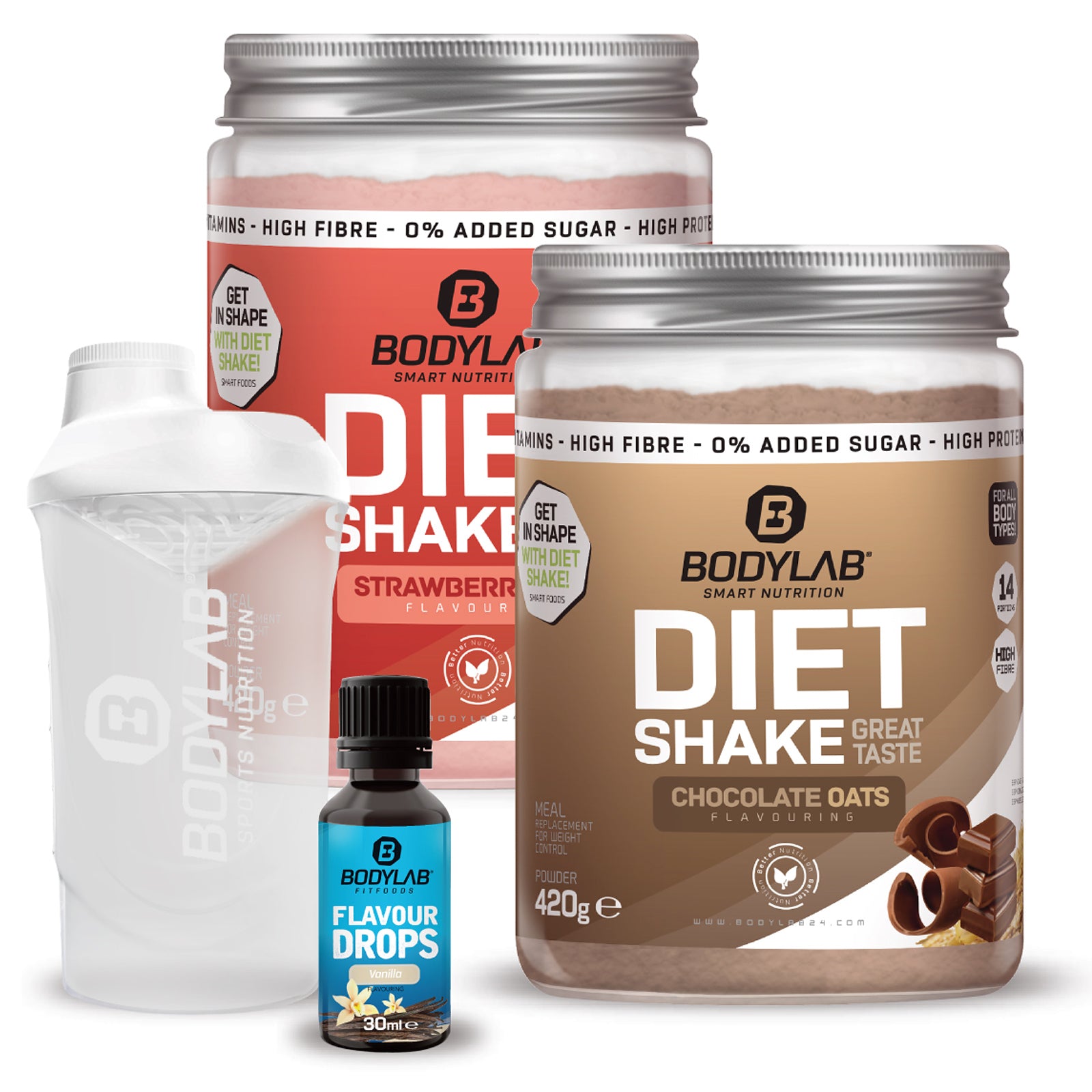 2 x Diet Shake + Flavour Drops und Shaker