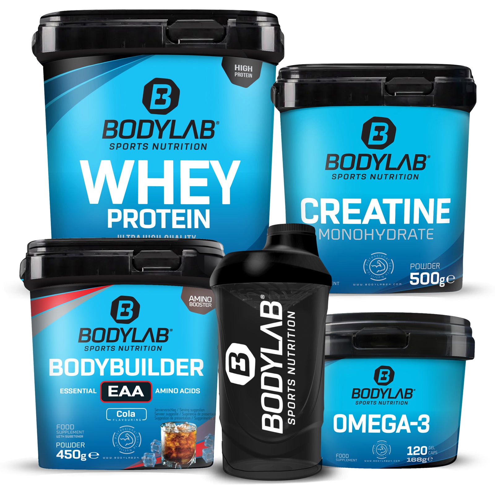 GYM-DEAL 4 - Whey + Creatine Powder + Omega-3 + Bodybuilder EAA und Shaker