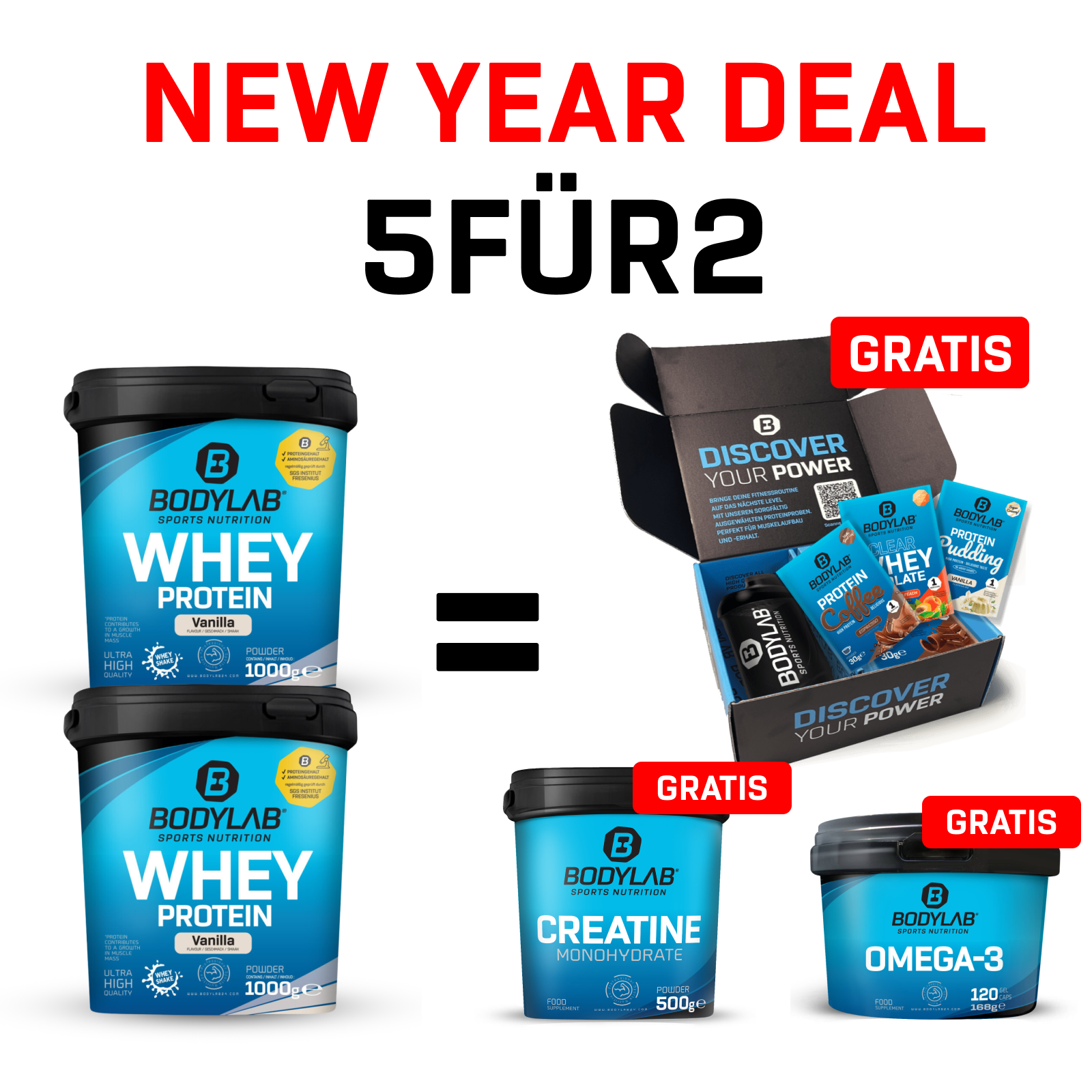 New Year Deal: 5Für2 Protein-Powerpack mit Gratis Creatine + Discovery Box + Omega-3