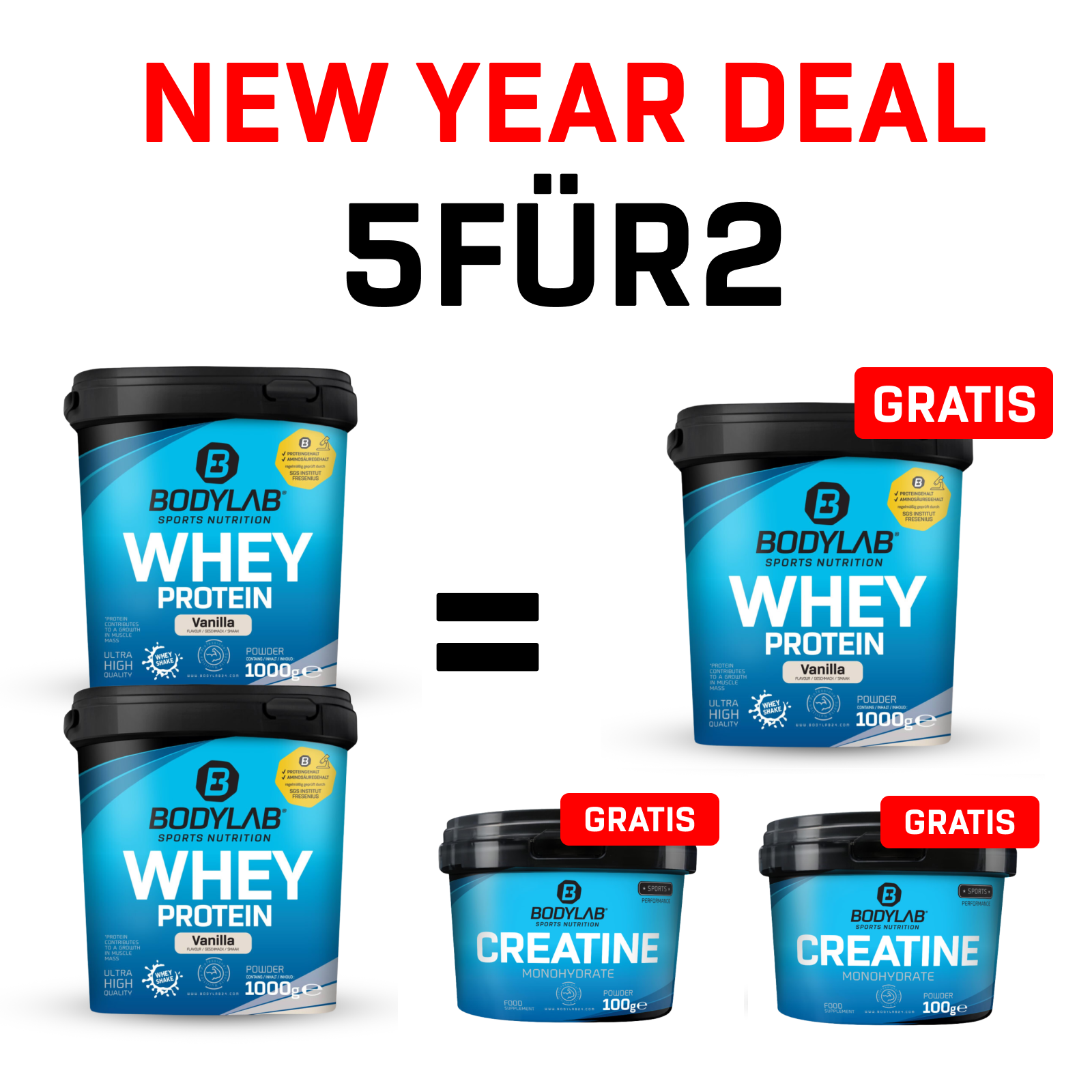 New Year Deal: 5Für2 Protein-Powerpack mit Gratis Whey + 2x Creatine